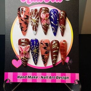 Handmade Floral Press-On Nails - Pink, Blue, Brown, White